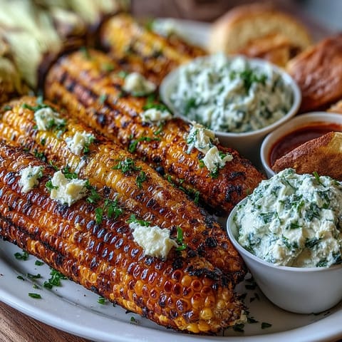 Juicy grilled corn, ready to be slathered with 4 delicious herb butters.