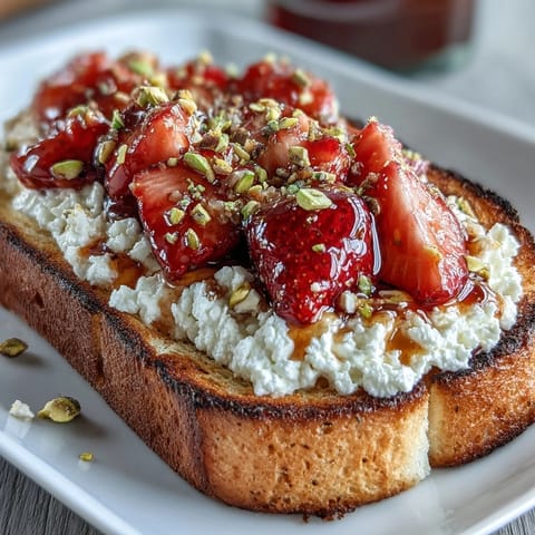 Delectable Strawberry Honey Ricotta Toast with Pistachios, golden and creamy.
