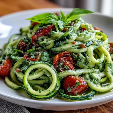 Colorful zucchini noodles are coated in creamy avocado pesto, a fresh Mediterranean delight.