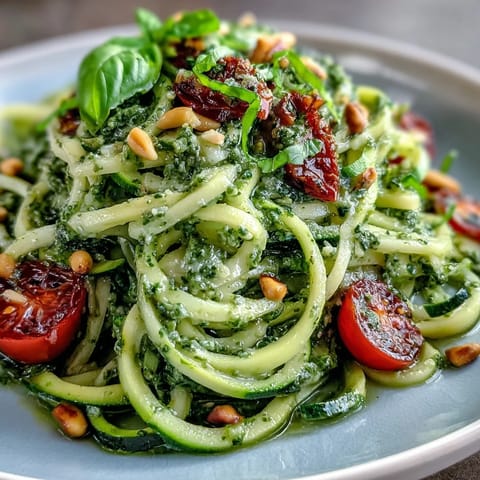 Vibrant zucchini noodles tossed with herbaceous avocado pesto, a delicious low-carb meal.