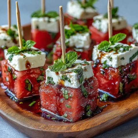 Juicy watermelon and feta skewers, a cool summer party appetizer.