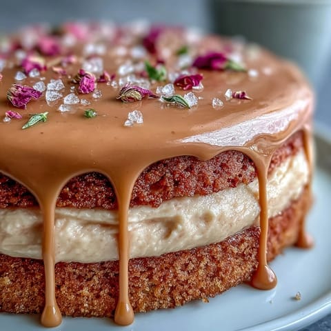 A stunning blushing pink Rosé Velvet Cake adorned with a shimmering gold glaze.