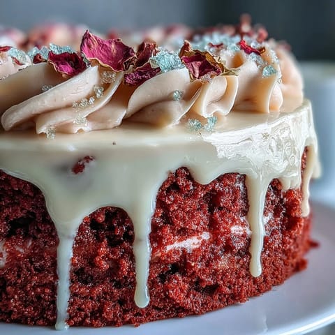Elegant Bridal Shower Rosé Velvet Cake glistens with a luxurious gold chocolate drip.
