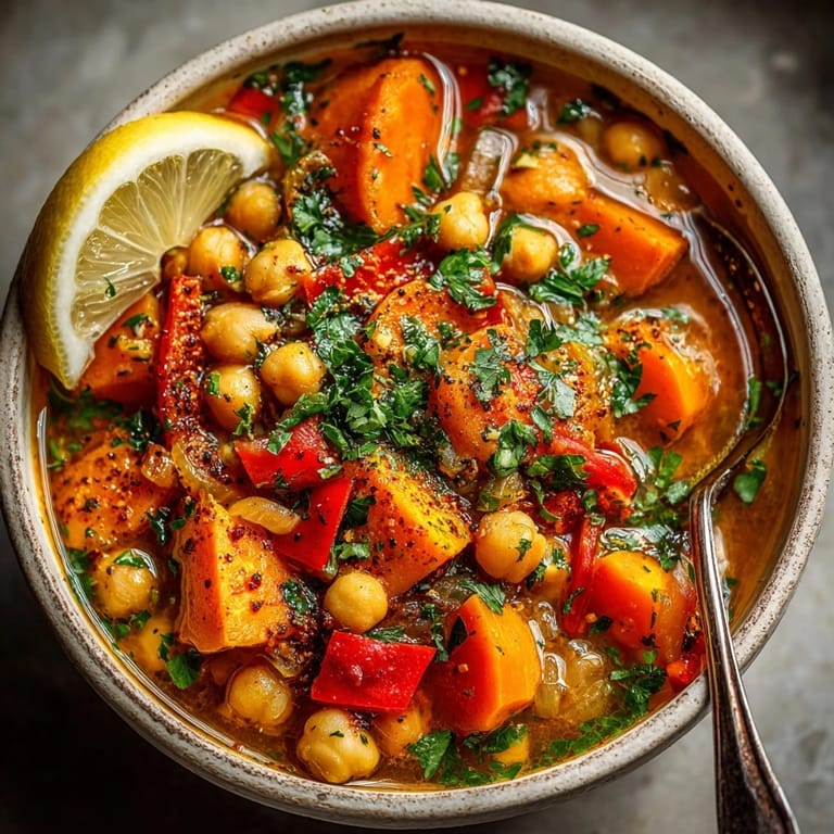 Warm, golden-hued Moroccan-Spiced Chickpea and Sweet Potato Stew simmering with aromatic spices, ready to serve.