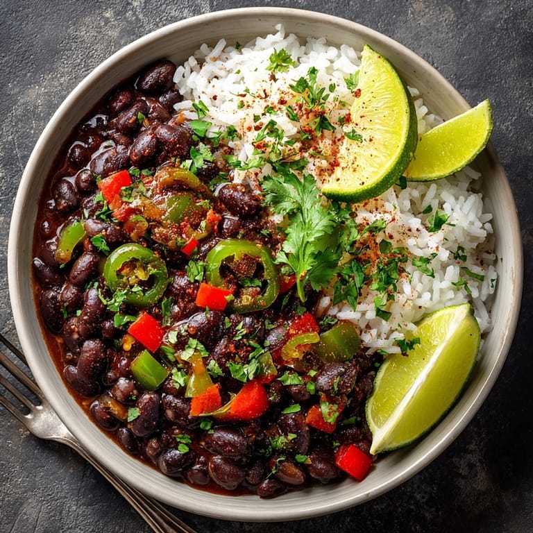 Fragrant Slow Cooker Cuban Black Beans and Rice: a comforting meal with fresh cilantro and lime wedges.