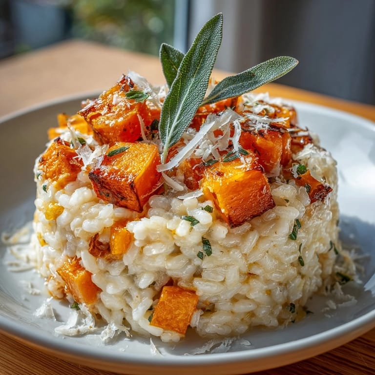 A beautiful photo of golden-hued pumpkin risotto, garnished with fresh sage leaves.
