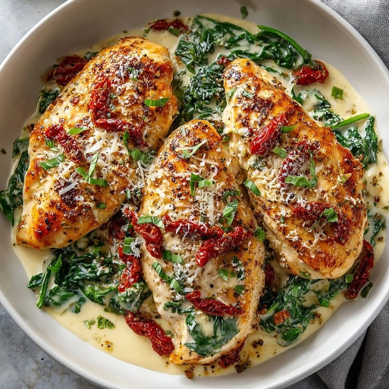 A delicious, one-pan Creamy Tuscan Chicken and Spinach recipe with sun-dried tomatoes and Parmesan.