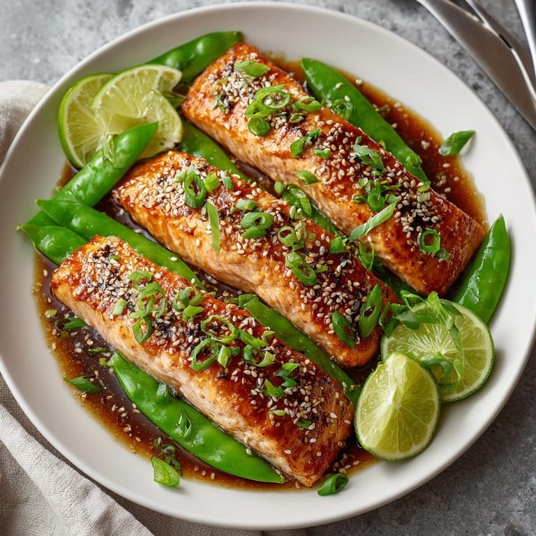 A colorful plate featuring flaky Quick Ginger-Sesame Glazed Salmon, ready to eat, with an Asian-inspired glaze.