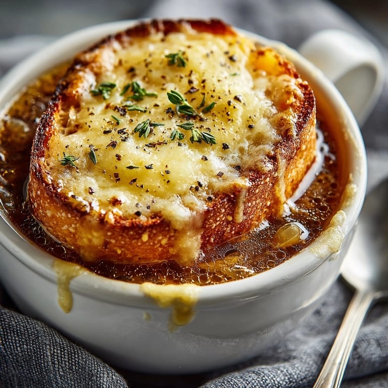 Rich, dark broth brimming with tender onions, ready to enjoy with Slow Cooker French Onion Soup.