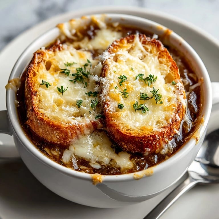 Close-up of melted Gruyère cheese atop toasted baguette slices, complementing the Slow Cooker French Onion Soup.