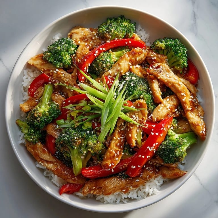 A steaming plate of quick teriyaki chicken stir fry featuring glistening chicken and crisp broccoli florets.