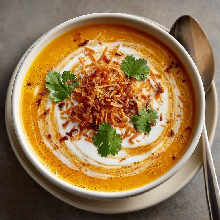 Close-up of warm, aromatic Carrot and Ginger Soup with Coconut Milk; a comforting, flavorful meal.
