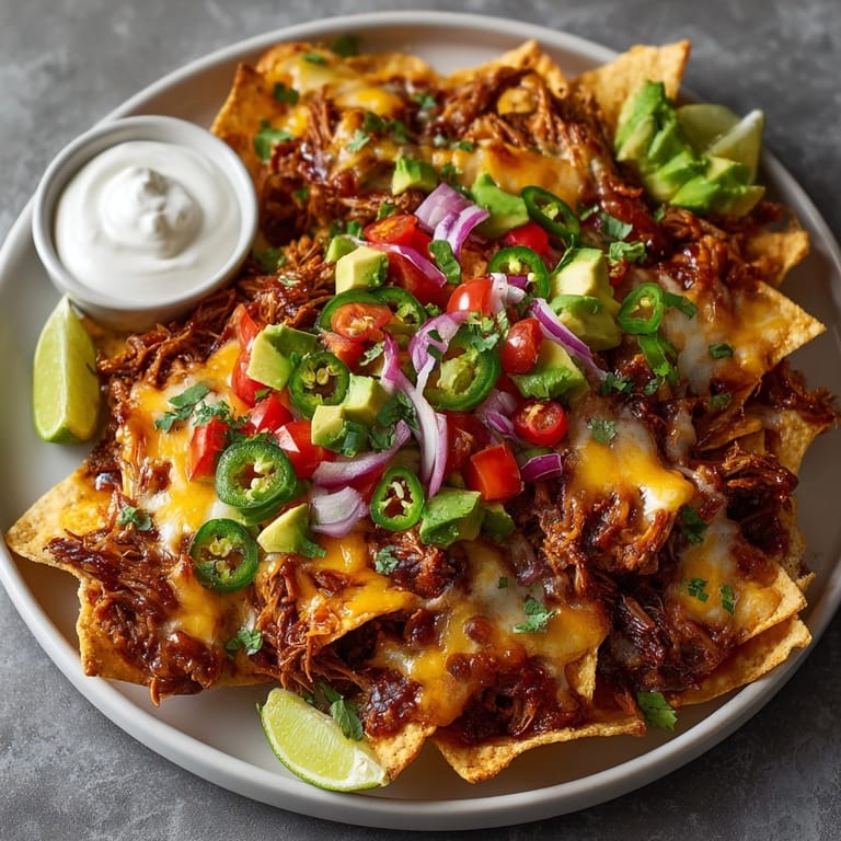 Homemade BBQ pulled pork nachos, a comforting American dish with layers of flavor and texture.