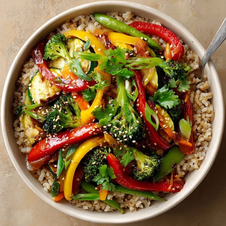 Steaming Veggie Stir Fry on brown rice, garnished with sesame seeds, a delightful vegetarian dish.