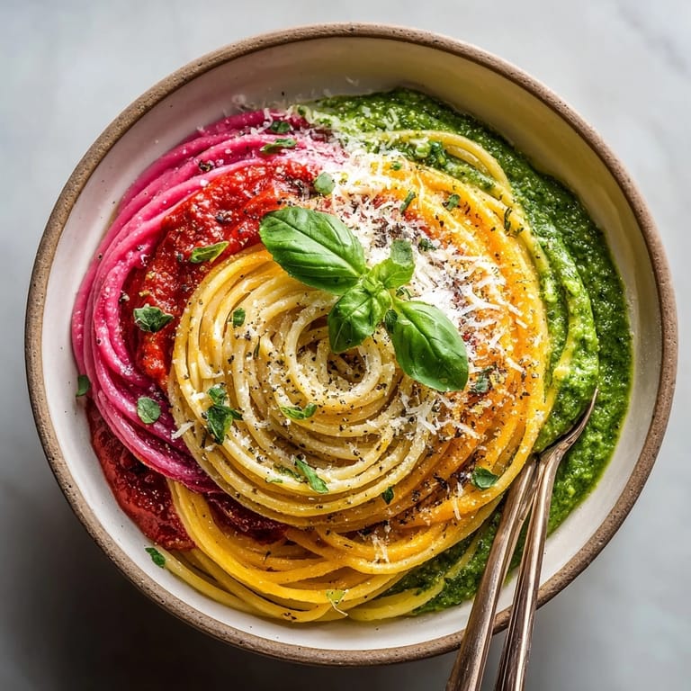 This flavorful Ombre Pasta Bowl shows a vivid presentation, ready to serve for a vegetarian meal.