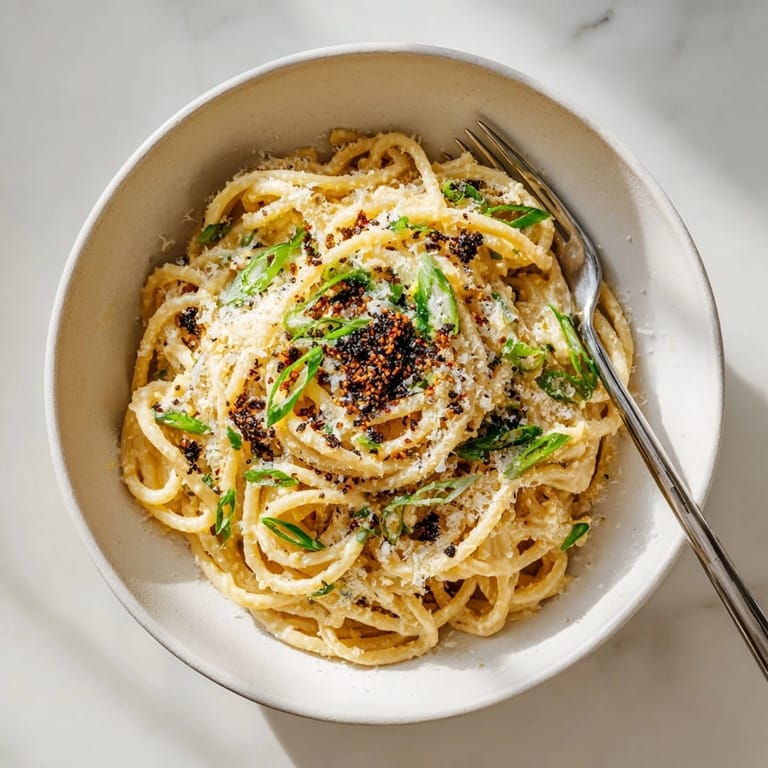 Close-up of a flavorful bowl of Miso Butter Bucatini, ready to eat, with a garnish of savory nori.