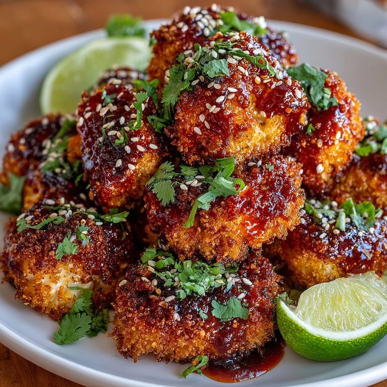 Golden, perfectly crisp Honey Sriracha Cauliflower Bites, ready to be tossed in a sweet and spicy sauce.