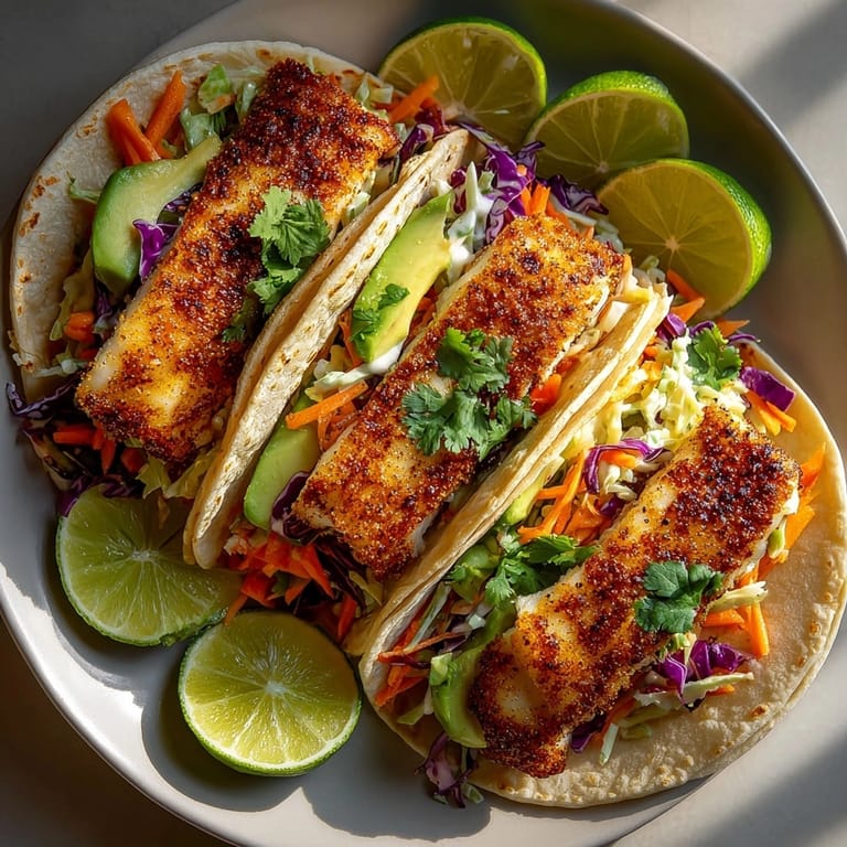 Colorful serving platter of Cajun Blackened Fish Tacos with Avocado Slaw, ready to enjoy.