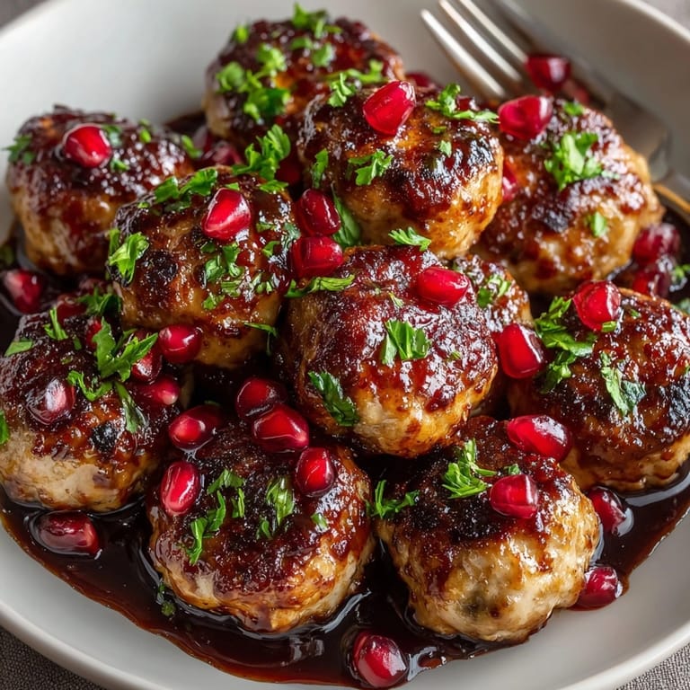 Freshly cooked pomegranate glazed turkey meatballs glistening under a sweet, tangy juice reduction.