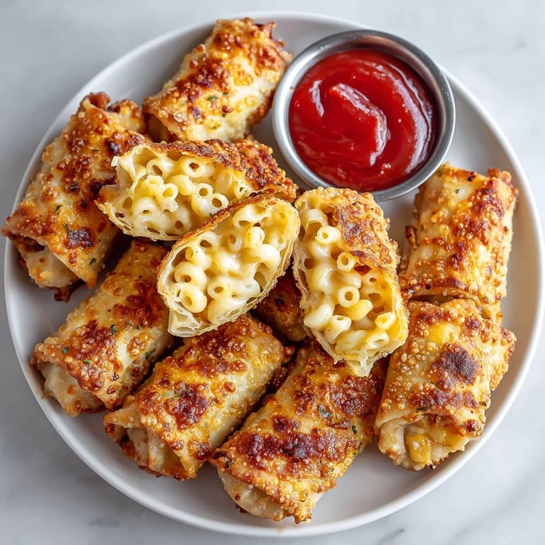 Close-up of Mac and Cheese Spring Rolls showing melty cheese and elbow macaroni inside crunchy wrappers.