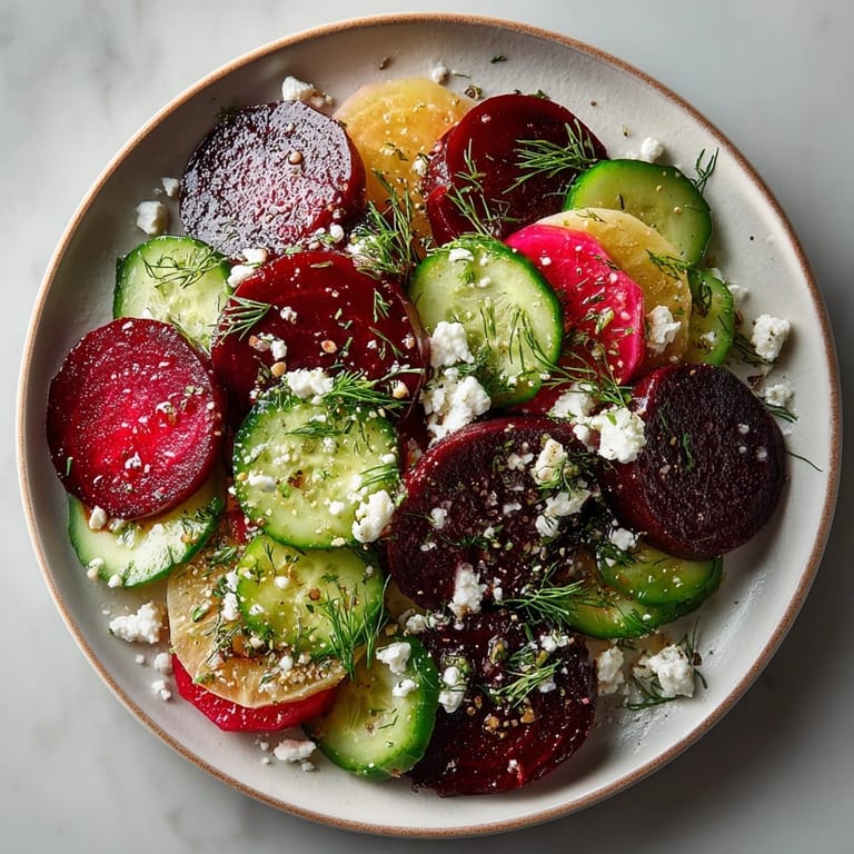 Fresh Beet Salad with Feta, Cucumbers, and Dill plated, showing juicy textures and creamy cheese.
