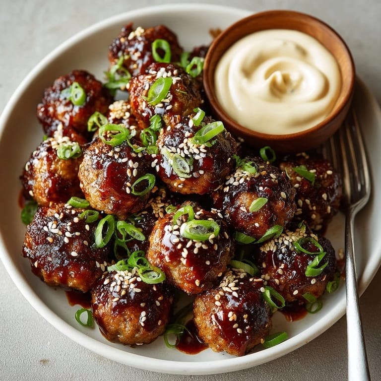 Glazed Korean BBQ Meatballs paired with a tangy, creamy spicy mayo dip for dipping.