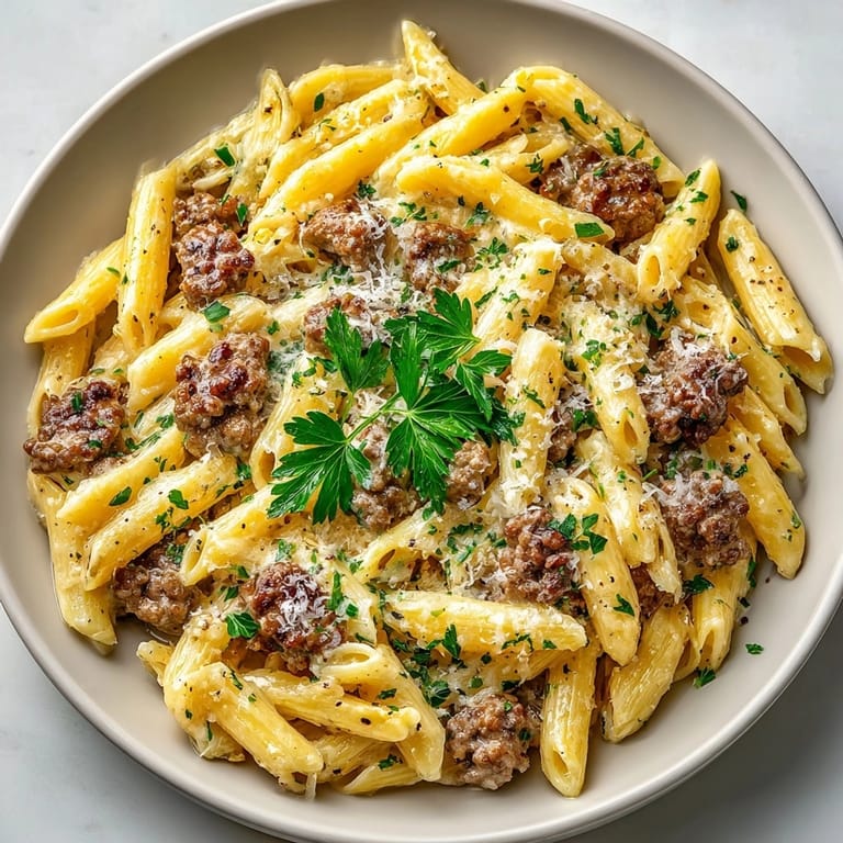 Hearty one-pot creamy beef and garlic butter pasta with rich, golden sauce ready to enjoy.