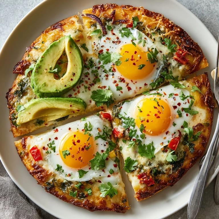 Golden-crusted Avocado Egg Pizza with runny yolks, feta, and chili flakes, ready to serve.