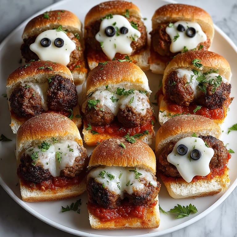 Haunted Meatball Sliders recipe: Mini sandwiches with savory meatballs, rich sauce, and cheese.