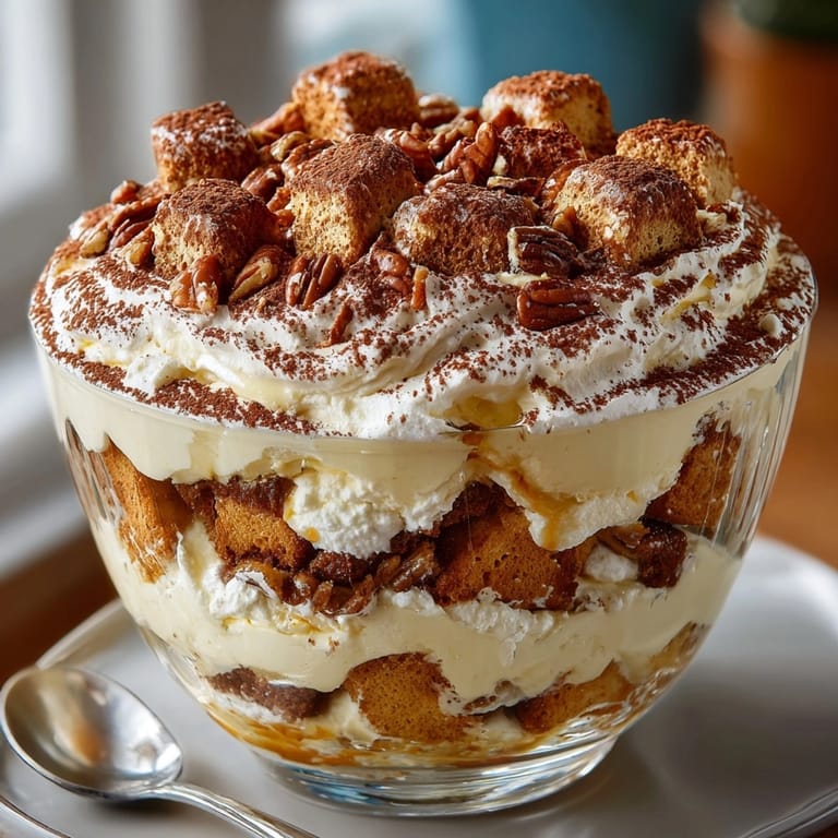 Creamy Pumpkin Spice Tiramisu Trifle: coffee-soaked layers with warm spices and nuts.