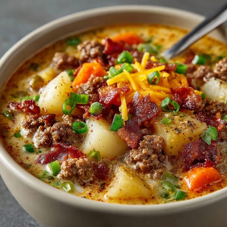 A bowl of warm, flavorful bacon cheeseburger soup, topped with melted cheddar and chives.