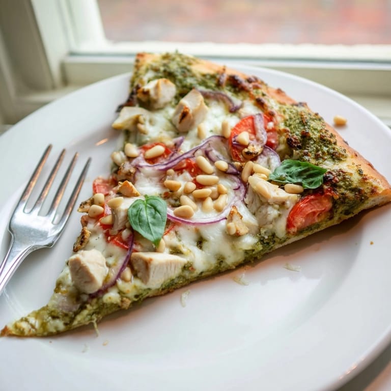 Golden-brown Pesto Chicken Pizza baking in the oven, ready to slice and serve hot.