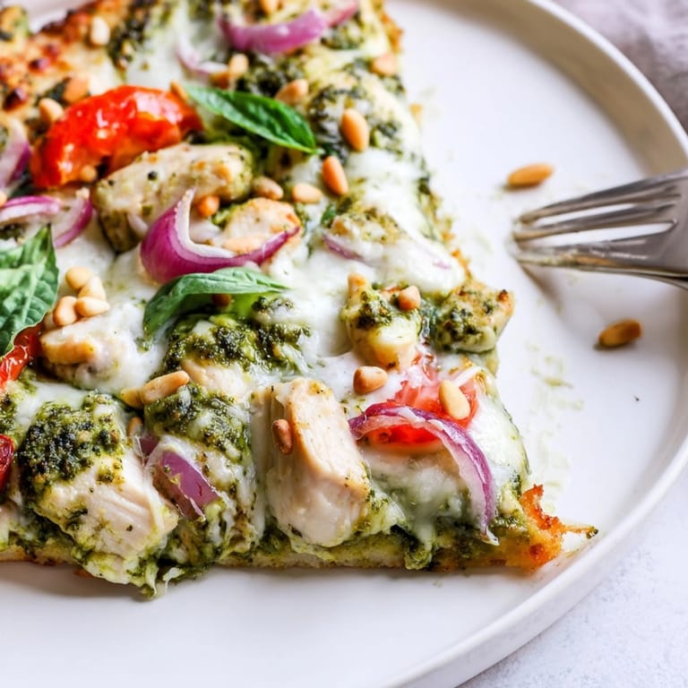 A delicious slice of Pesto Chicken Pizza showcasing layers of flavors, an easy weeknight dinner.