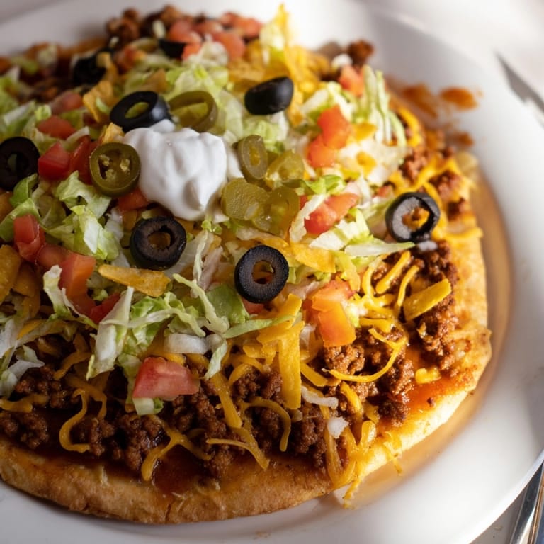 Homemade Taco Pizza sizzling hot out of the oven, garnished with crunchy tortilla chips.