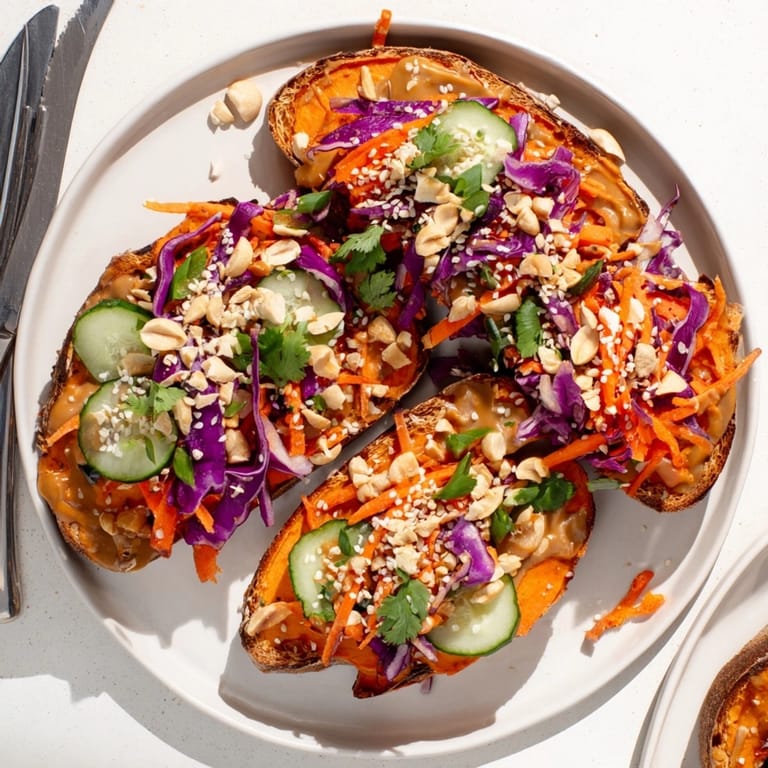 Golden roasted sweet potato, a healthy base for this savory Thai Peanut Toast.