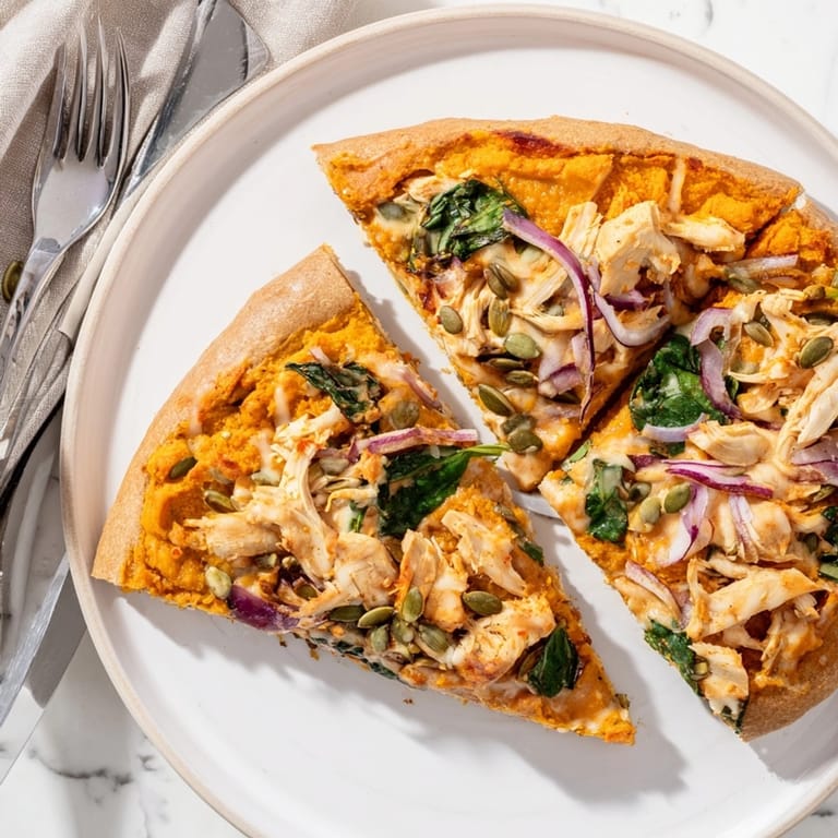 Savory Protein Pumpkin Ricotta Pizza with whole wheat crust, chicken, and pumpkin seeds.