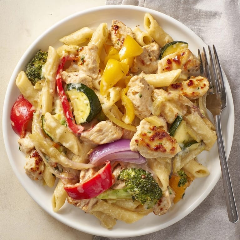Serving spoon scoops into flavorful veggie-packed Cajun Chicken Alfredo Bake; a perfect family meal.