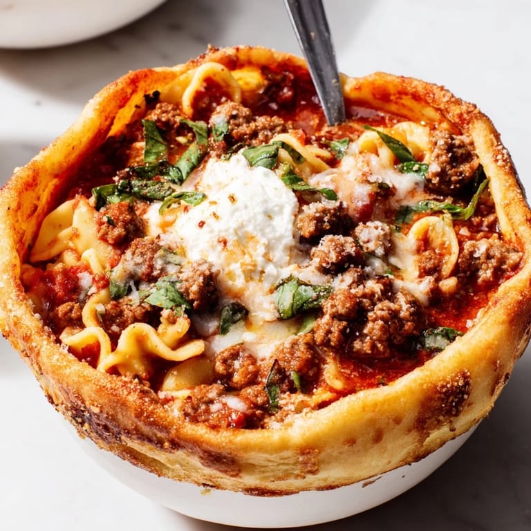 Comforting lasagne soup served in golden-brown, crispy edible pizza bowls.  