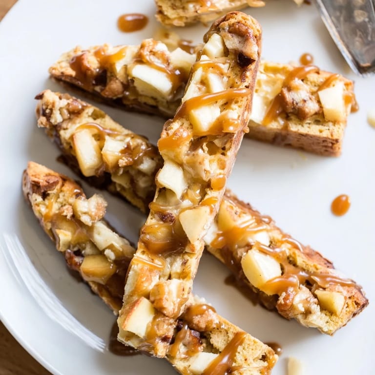 Warm, sweet Caramel Apple Biscotti Dunkers drizzled with rich caramel sauce delightfully.