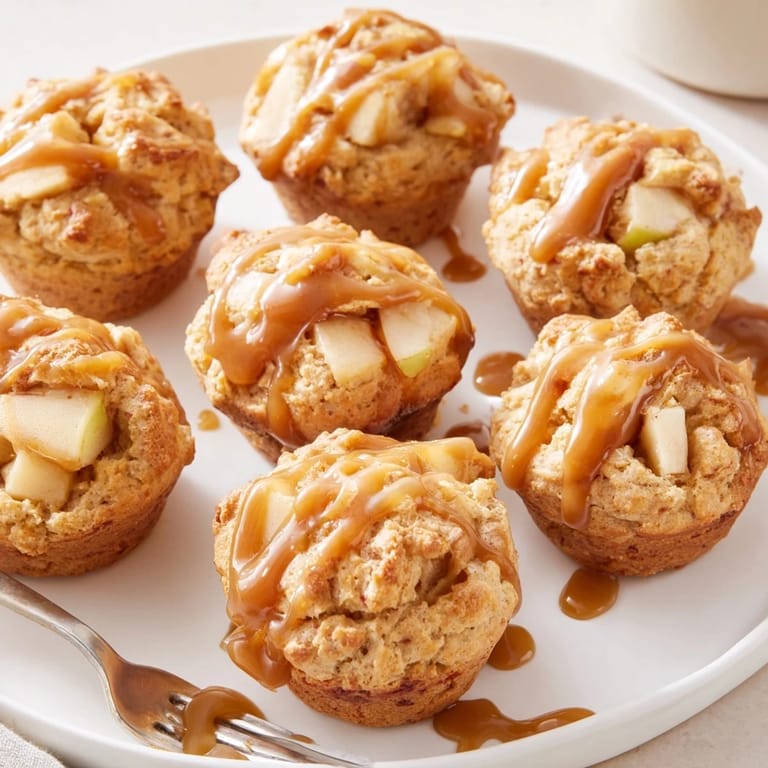 Freshly baked caramel apple scone muffins topped with luscious caramel, perfect for snacks.  