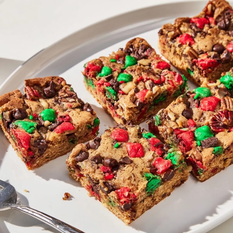 Delicious Festive Christmas Cookie Chocolate Chip Bars ideal for holiday gatherings and parties.  