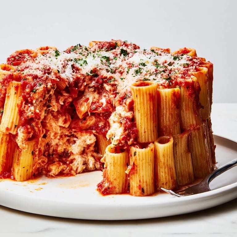 Golden-brown Honeycomb Pasta Cake filled with ricotta and aromatic herbs, perfect for gatherings.  