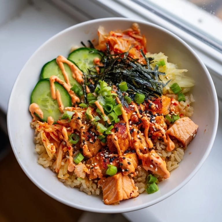Delicious crispy salmon rice bowl garnished with garlic, cucumber, and sesame seeds.