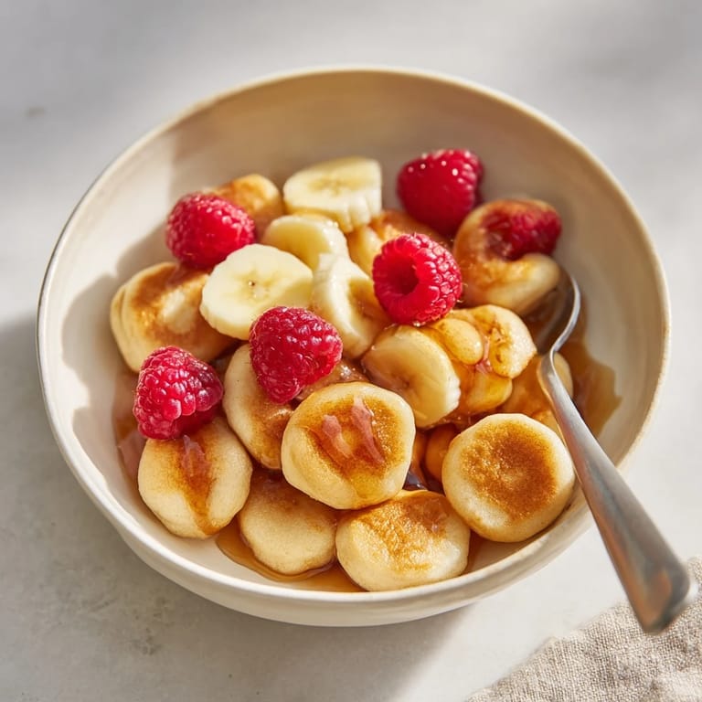 Adorable mini pancake cereal topped with fruit, a delightful twist on breakfast classics.