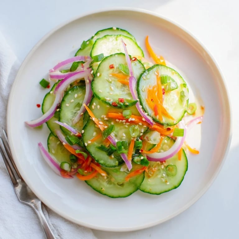 Crisp cucumber salad remix drizzled with savory Asian dressing, bursting with flavor.