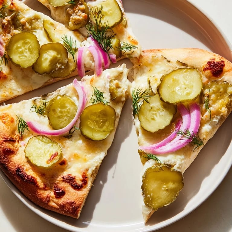 Tangy Pickle Pizza served hot, featuring rich crème fraîche and fresh dill.  