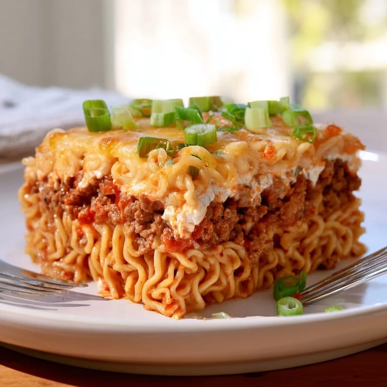 Comforting Spicy Ramen Lasagna, featuring creamy cheese and bold flavors in every bite.  