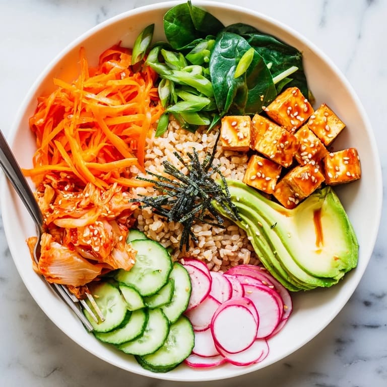 Wholesome fermented vegetable bowl featuring kimchi, crunchy veggies, and sesame dressing.
