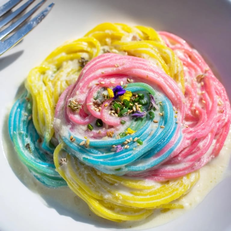Delightful Neon Noodle Cloud topped with scallions and edible flowers, perfect for parties.