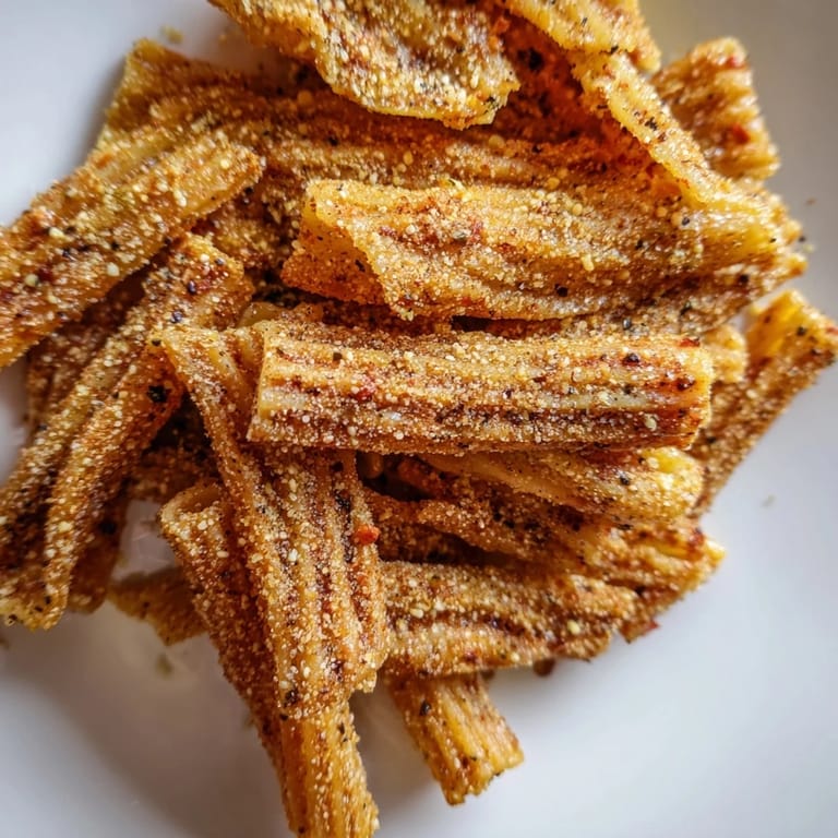 Baked pasta chips seasoned variety, tossed in aromatic spices for tasty snacking.  